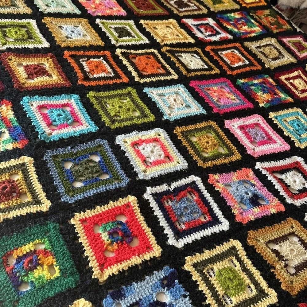 VTG Crochet Granny Square Roseanne Black Multicolor Afghan Throw Blanket 70